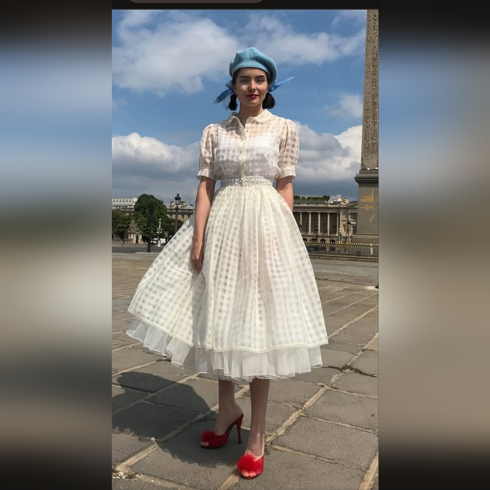Fifi Chachnil Parisian Sheer White Gingham Cotton Peter Pan Collar Vintage Dress